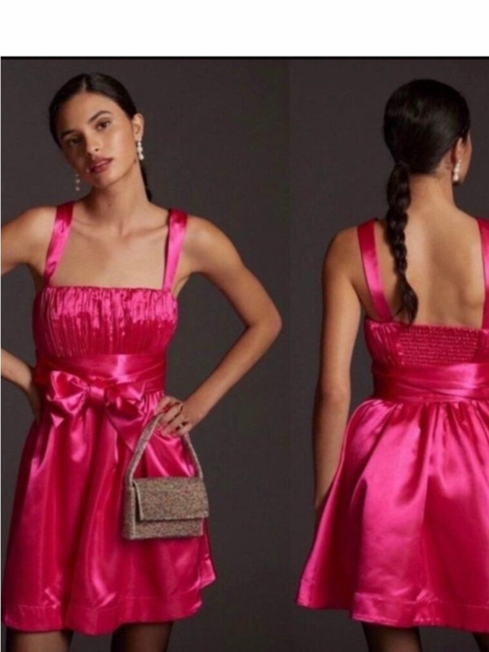 Anthropologie Hot Pink Satin Pleated Dress